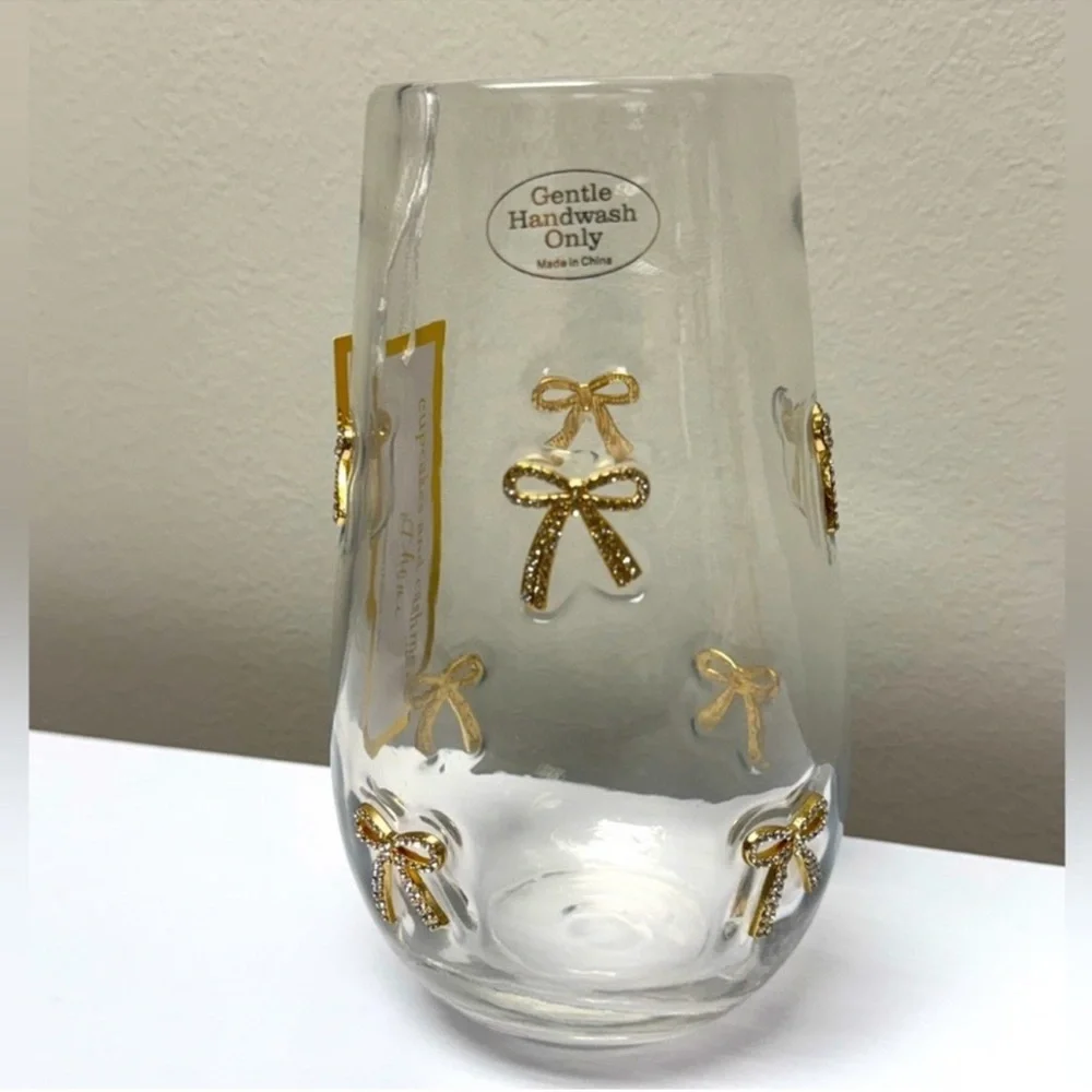 New Cupcakes & Cashmere Rhinestone Gold Bow Ribbon Glass Embedded Bow Vase